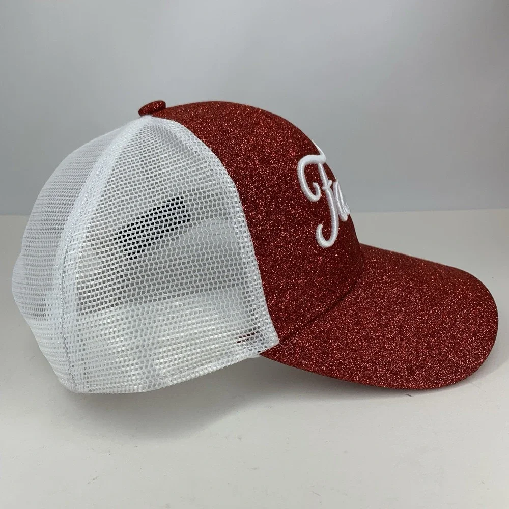Fancy Glitter Trucker Hat Red White Mesh Adjustable Snapback Outdoor Cap